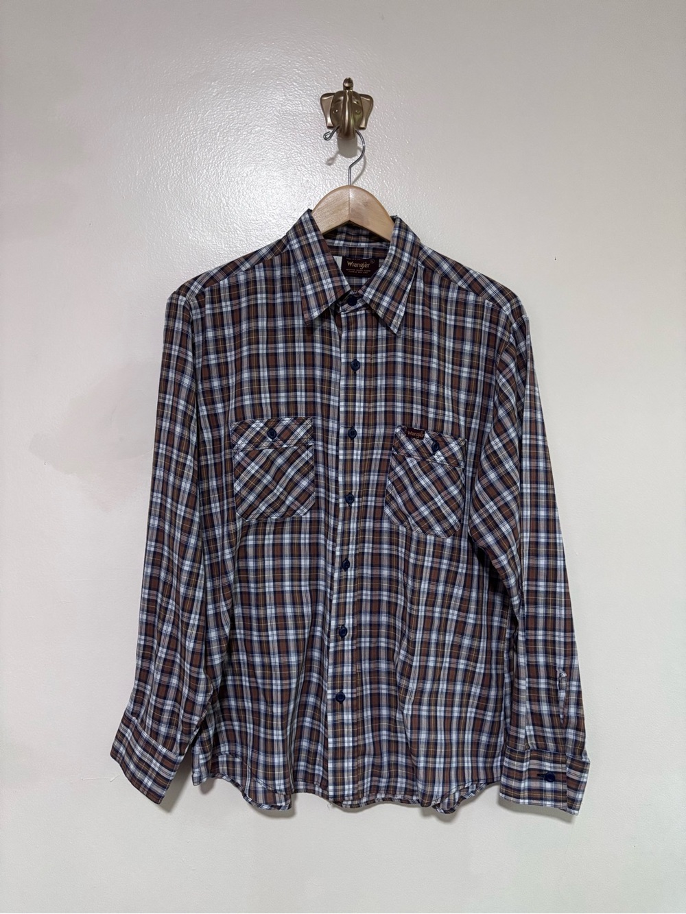 Wrangler Made in USA Brown & Light Blue Plaid Long Sleeve Button Up Shirt L